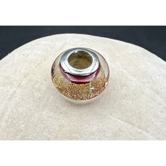 925 Sterling MORESS Glass Charm Bead Murano Italy Red Gold Crackle Design - Picture 3 of 3